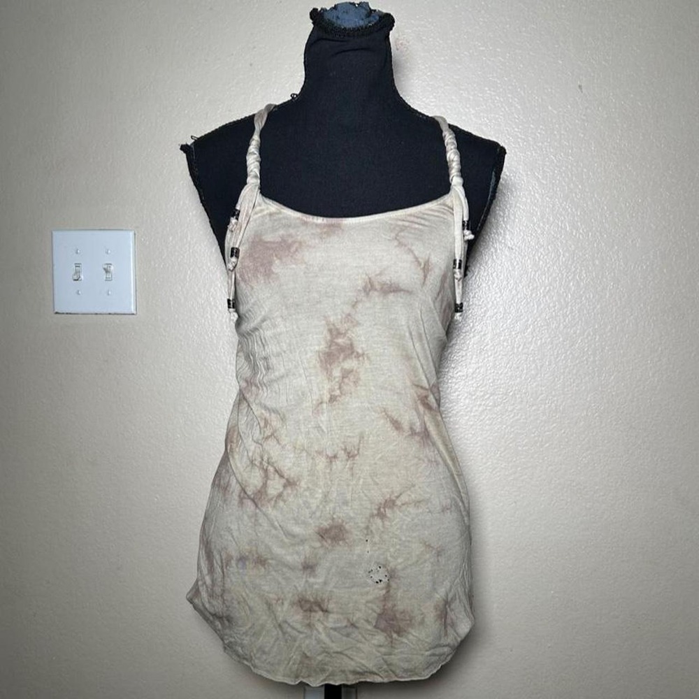 Guess Tank Top Cami Ivory Brown Y2K Indie Sleaze Marbled Beaded Small